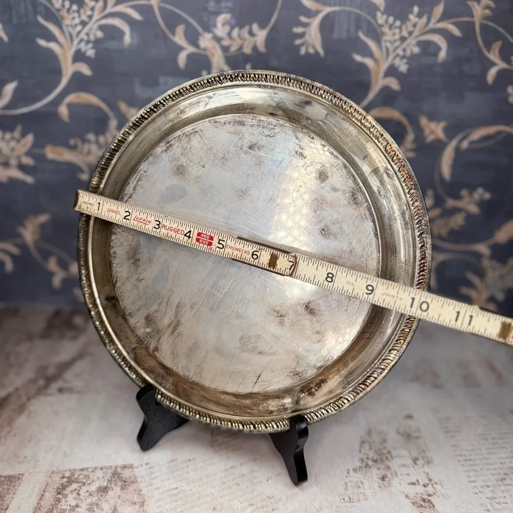 Vintage Ornate Engraved Silverplate Tray Round Heavy Patina